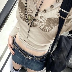 beige henley button long sleeve top